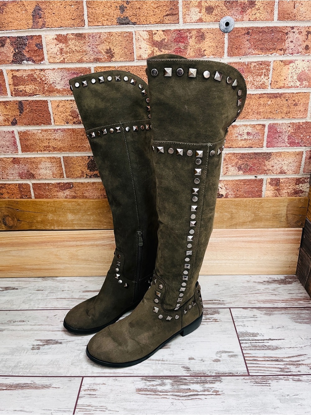 Midnight Velvet Olive Green Studded Over The Knee Boots Riding Flat 8M